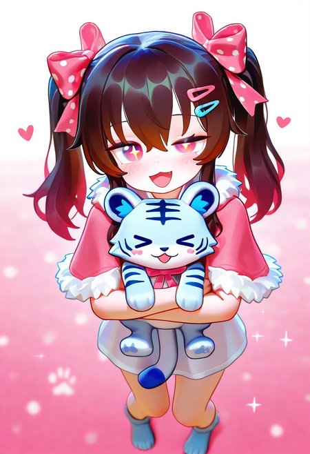 takefujif0x, unnamed_style_1, masterpiece, best quality, 1girl, pink capelet, long straight twintails, capelet, fur-trimmed capelet, hair ornament, fur trim, polka dot, ribbon, blush, solo, pink ribbon, hairclip, open mouth, hair ribbon, smile, bow, long hair, looking at viewer, sparkle, hair bow, black hair, pink bow, one eye closed, full body, paw print, red eyes, >_o, polka dot bow, white background, heart, dot nose, stuffed toy, sidelocks, hair between eyes, stuffed animal, animal, white tiger, chinese zodiac, polka dot ribbon, shirt, polka dot background, gradient background, pink background, white background, blurry background, animal hug, food, white shirt, holding animal, brown hair, holding, sparkling eyes, :d, symbol-shaped pupils, pink eyes, >_<, general