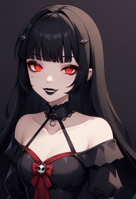 score_9, score_8_up, score_7_up, score_6_up, (haaru),concept art, digital artwork, highly detailed, sharp focus, portrait, rikop5x, black hair, very long hair, blunt bangs, hairclip, <lora:princess_xl_v2:0.3>, <lora:VampirePonyLora:0.9> vampire, red eyes, glowing eyes, fangs, <lora:Gothic:1>, GothicC, makeup, black lipstick, mascara, black nails, gothic dress, black dress, red dress, covered shoulders, fishnet, half closed eyes, smug, evil smile, dark background