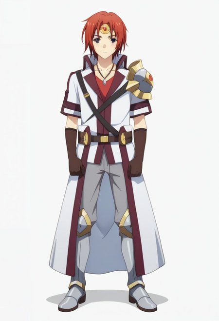 ((masterpiece)), ((best quality)), ((ultra-detailed)), ((absurdres)), score_9_up, score_8_up, score_7_up,
HD, top quality, best quality, amazing quality, High-quality illustrations, anime screencap, source_anime, best aesthetic, perfect proportions, perfect eyes, 1boy, 1male, solo boy, solo male, male focus, solo male focus, Anime, boy, male anime character, anime boy, handsome, attractive, cute, charming, sexy, hot, ((tall, tall height, tall body)), ((slim body, slender body, lean body)), Touya Kanzaki, red hair, gray eyes, forehead crown, white long coat, short sleeves, necklace, brown arm gloves, belt, gray pants, knee plates, metal boots, metal shoes, ((full body shot)), medieval dungeon with burning torches