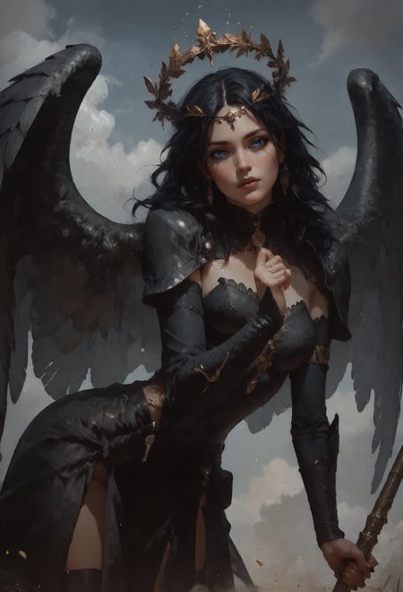 score_9, score_8_up, score_7_up,  1girl, valkyrie in gorgeous armor is holding a spear in hand, (side view, solo:1.1), standing, golden laurel wreath crown, goddess, pale skin, beautiful face, armored dress, wings, looking at viewer, cloudy sky, holy light, light from clouds, fantasy theme  <lora:pony/twilight_style:0.8> <lora:pony/expressiveh:0.8> expressiveh <lora:pony/vixon_gothic_oil_style:0.6> d4rk01l <lora:sdxl/sinfully_stylish_sdxl>