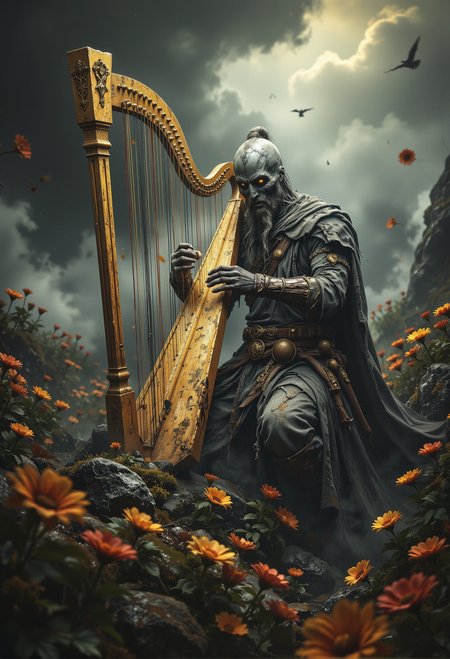 Battle bard playing a golden harp in the heat of battle, his music sending glowing waves across the field <lora:aidmaFLUXPro1.1-FLUX-v0.3.safetensors:0.5>,  <lora:- Flux1 - vanta_black_V2.0.safetensors:0.55>,  <lora:black_fantasy.safetensors:0.5>,  <lora:- Flux1 De-Distilled - temp_haunting_cre_1.0.safetensors:0.5>,