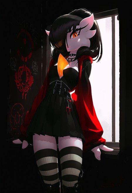 (((gardevoir))), female, black hair, ponytail, pale skin, (score_9, score_8_up, score_7_up), 1girl, 20 year old, long black hair, hime cut, perky breasts, cleavage, pretty face, looking at viewer, brown eyes, light freckles, oversized hoodie, black skirt, striped thigh-high socks, gothic boots, leaning on wall, detailed background, hidden area, volumetric lighting, vivid colours,  g0thicPXL, glowing, neon, portrait shot, face focus,