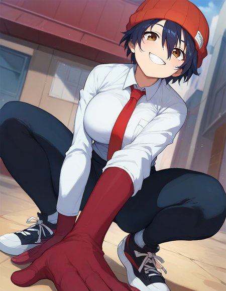 score_9,score_8_up,score_7_up,score_6_up BREAK official art,solo,outdoors,smile,upper body,looking at viewer,facing viewer,Izumo Fuuko,tomboy,beanie,red headwear,black hair,short hair,hair between eyes,brown eyes,collared shirt,white shirt,red necktie,large breasts,skindentation,long sleeves,red gloves,black pants,sneakers,black footwear,<lora:Izumo Fuuko(uu)-Pony:1.2>,<lora:Smooth Anime Style LoRA XL:0.8>,