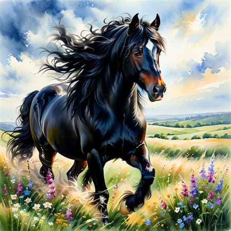 OIL ART, WATERCOLOR PAINTING IN SOFT COLOR TONES, LONG WIND SWEPT GRASS, WILD FLOWERS, GUSTY WIND. AN ULTRA REALISTIC  BEAUTIFUL BLACK GYPSY COB HORSE WITH CHARMING EYES  LONG FLOWING MANE FACING THE VIEWER, PERFECT LIGHT FROM BACK, SIMPLE BACKGROUND. SOFT COLOR TONES, OIL PAINTING ON CANVAS WIDE ASPECT RATIO , SHARP FOCUS, ElementWind