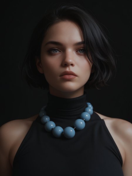score_9, score_8_up, score_7_up, score_6_up, 1girl, black hair, short hair, grey eyes, black lips, blue ball necklace, black background, large breasts, (black turtleneck), <lora:ball_necklace_pony_v1.0:0.75>