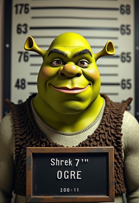Create a photorealistic mugshot of Shrek. He is standing against a height chart with a neutral expression. The background should include standard police mugshot elements like a height measurement scale and a nameplate that reads 'Shrek, 7'0", Ogre'. The image should be highly detailed and realistic, capturing the classic mugshot style in 4K quality