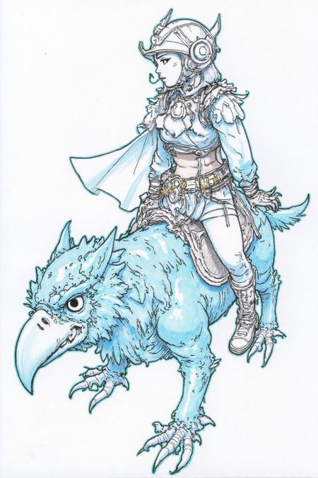 kj9 illustration.
miyaha1 manga illustration. Profile of a young woman dressed in a blue and white outfit adorned with a helmet and a large, ornate belt. The woman is riding a large, fantastical creature with a bird-like head, primarily blue in color, with a beak that resembles a beaked creature or a mythical beast.  <lora:kj91_cap_d6a3e12:1.0><lora:819910189097421266:0>