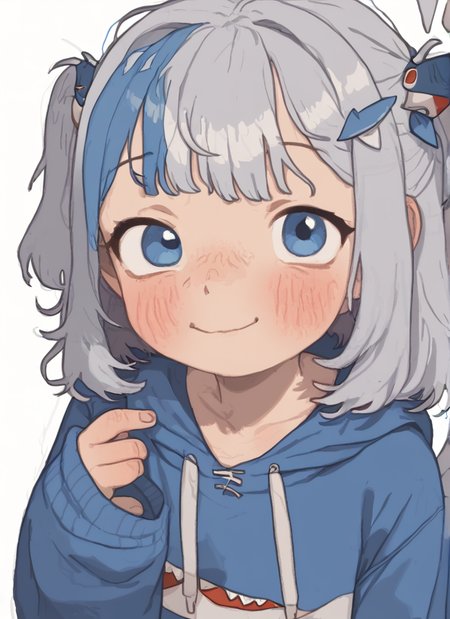 score_9,score_8_up,score_7_up <lora:possummachinexl:1.1>possummachine_style ,    1girl, solo, looking at viewer, blush, bangs, blue eyes, simple background, hair ornament, long sleeves, white background, closed mouth, blue hair, standing, tail, , grey hair, multicolored hair,  virtual youtuber, hood, medium hair, two side up, streaked hair, sleeves past wrists, hoodie, hood down, fish tail, shark tail, blue hoodie, shark girl, shark hair ornament, gawr gura ,  upper body , smile , closed mouth