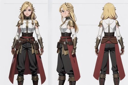 1woman, solo, armor, pauldrons, <lora:BarbarianT-18:0.8>, BarbarianT, muscular female, bare very muscular abs, ((masterpiece: 1.4, perfect face, best quality: 1.2)), saturated brown tones, ultra highly detailed, detailed eyes, delicate hair details, armor faulds, fantasy crop top, arm armor, armor greaves, short tippet, large breasts, sexy eyes, devilish grin, mixed blonde hair, very long spiky hair, many braids in long hair, intricate details, hazel eyes, eyeliner, eyelashes, crossed_bangs, warpaint, one bare muscular armor with viking design tattoo, wide striped puffy sleeves, multicolor sleeves, tribal design asymmetrical lion cloths, leather boots, wide striped baggy pants trousers, tassel belt accessories, barbarian woman, brown leather hip belt with pouch on right side of hip, sword on left side of hip belt, leather gloves with fur trim, nordic, fantasy aesthetic,(2d saturated colors), fine details, intense,(lineart:1.33), charactersheet, reference sheet, multiple views, white background