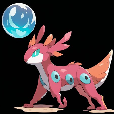 <lora:pokemon_pony_xl:1>, watercolor creature art like pokemon, Type: Water, Type: Water, Egg Group: Water 2, is a pokemon creature that Its tail ends in a Turquoise orb that glows when it's excited or in danger,A Orange aura envelops it when it uses its powers, casting a glow that illuminates its surroundings,Its footprints in the sand tell a story of wanderlust and adventure, a tale of paths crossed and journeys undertaken,Its song is a call to the wild, a reminder of the untamed beauty that lies just beyond the reach of civilization,Its skin exudes a Magenta oil that repels water and keeps it dry in wet conditions score_9, score_8_up, score_7_up, score_6_up, score_5_up, score_4_up.  Simple black background, (Masterpiece:1.3) (best quality:1.2) (high quality:1.1)