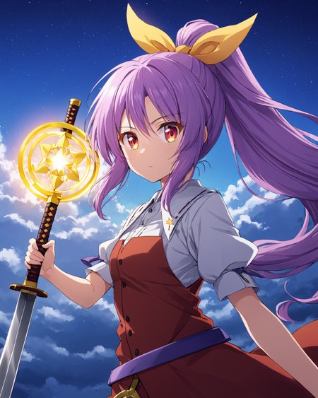 watatsuki no yorihime,1girl, solo, ponytail, katana, hair_bow, sky, cloud, hair_ribbon, star_\(sky\), night
<lora:watatsuki_no_yorihime_image737_2023-12-20:1>,star-shaped_pupils,symbol-shaped_pupils,. gorgeous,key visual, vibrant, studio anime,award-winning, professional, highly detailed,high budget, cinemascope