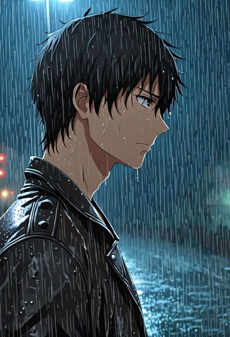 high resolution, solo, best quality, 1Boy, Kanie Seiya, Black Hair, heavy rain, downtown, night, looking down, sad, leather jacket, looking away, wet, wet hair, OverallDetail
