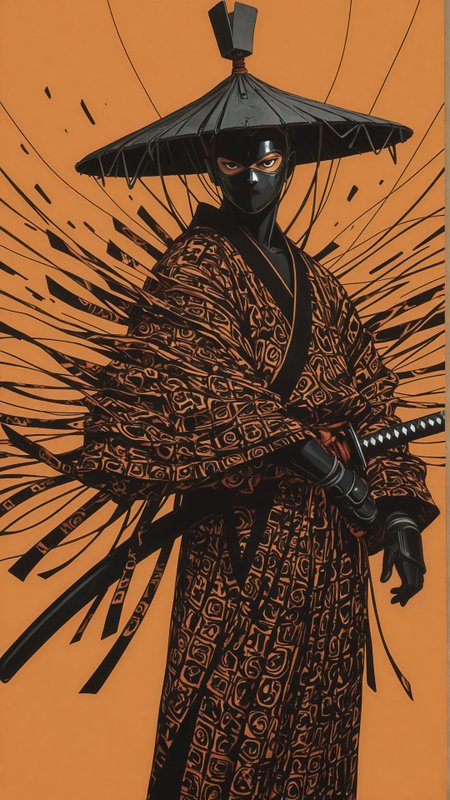 retro artstyle, 2000s \(style\), <lora:add-detail-xl:1>
masterpiece,best quality,
samurai warrior wearing a black traditional robe, sheathed katana, ninjutsu, makeshift hat, ninja mask, detailed fabric folds, bold ink-style linework, stylized comic book aesthetic, floating symbols, surrounding figure, warm orange background, strong contrast between dark clothing and bright backdrop, surreal, dynamic composition, highly detailed textures, modern pop-culture, traditional warrior theme