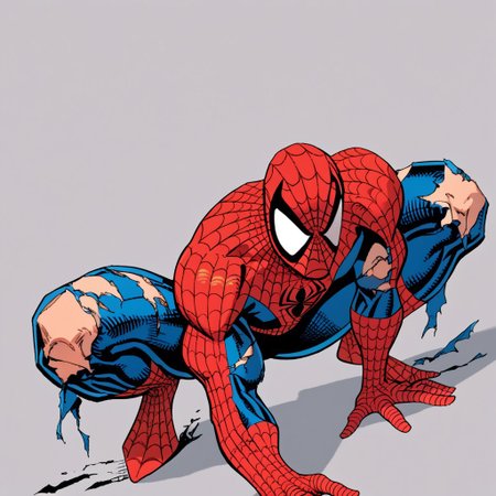 score_9,score_8_up,score_7_up,spider web print, solo, 1boy, , spider-man,male focus, torn bodysuit, ,  superhero,crouching,damaged mask