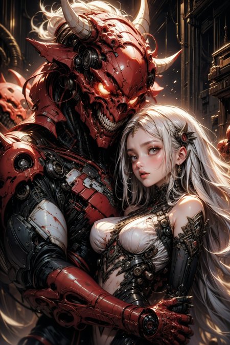 (masterpiece:1.1), (best quality:1.1), (intricate:1.1), (detailed:1.1), (ornate:1.1), (aesthetic:1.1), BREAK,
(science fiction:1.1), (cyberpunk:1.0), (tragic:1.1), (red theme:1.0),(glowing:1.1), (metallic:1.0), BREAK,
(upper body:1.0), (1boy + 1girl:1.1), (a muscled male demon with black hair embracing a innocent looking girl with white hair:1.1), (cyborg:1.1), (mechanical parts:1.1), (pain and  pleasure:1.1), (covered in blood:1.1), <lora:biomanic:0.8>
