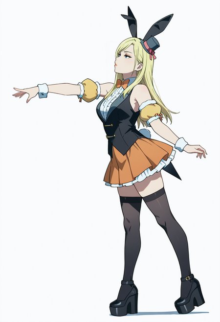 Smooth Quality,masterpiece,very intricate, high quality details, ultra realistic, high detailed skin,detailed enviorement,absurdres,
simple background, white background, dancing, 
 <lora:Moonbeams_Manager_CNR:0.7> moonbear_cnr, 1girl,blonde hair, long hair, blue eyes,rabbit ears, fake animal ears, bare shoulders, makeup, lipstick, mini top hat, black vest, shirt,puffy short sleeves, detached sleeves, wrist cuffs,orange pleated skirt, black thighhighs, frills,bowtie, platform footwear,, turn pale,, :>=,