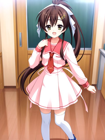 masterpiece,best quality,newest,absurdres,highres,detailed eyes,beautiful,detailed background,solo,perfect eyes,anime coloring,full_shot,anime screencap,
<lora:add-detail-xl:1>,<lora:ponyv4_noob1_2_adamW-000017:0.8>,wear clothes,
1girl,
looking at viewer,standing,singing,\(^o^)/,school,
<lora:il-aoi-tenshin-sera:1>,il-aoi-tenshin,aoiserafuku,1girl,solo,brown hair,pink dress serafuku,yellow eyes,pink dress skirt,long hair,pink long thin on dress,ponytail,red sailor collar,square bottom necktie,white thighhighs,blue sneakers,