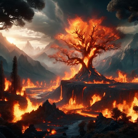 ignar fiery landscape, fire tree in the foreground, village, trees and mountains in the background, darkness, cinematic, enigmatic, photorealistic, very detailed<lora:ignar:1>
