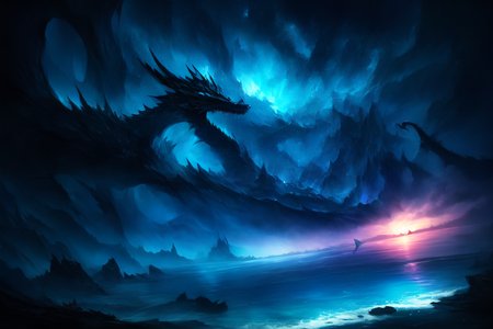 a desolate sea, black/blue theme, night sky, lone island, dragons flying in the sky, reflection in water, high definition, masterpiece, best quality, 4k, 2k, studio shadows, rim lighting, sharp focus, bokeh, extremely detailed CG unity 8k wallpaper, BREAK <lora:epi_noiseoffset2:0.75>, <lora:more_details:0.45>, <lora:FantasyLandscape:0.65>