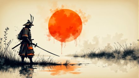 A minimal traditional japanese ink painting of the last weary Japanese samurai standing alone after an intense battle.   He wears no armor nor any helmet. He holds his sword in hand.  He is battered, bruised, and bleeds from several minor wounds.  He is weary, disgusted, disheartened, and saddened at the lives that were lost.  An orange rising sun hangs in sky behind him.  This is a full frame body shot, from head to feet, providing a environmental wide angle view of the entire body.  Intricate details, masterpiece, best quality.  Soft volumetric lighting.  <flux_realism_lora:0.42> <FluxDFaeTasticDetails:0.36> <BaroqueColorful:0.48>