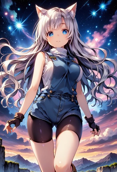 score_9, score_8_up, score_7_up, 1girl, solo, Aya_P, scenery, (big breasts:0.8). (wide thighs:1.1), (wide hips:1.1), (mature woman:1.1), (detailed eyes, Eyes in high definition, eyes with a lot of detail), (best quality:1.4), a close up of a woman with colorful hair, anime girl with cosmic hair, rossdraws pastel vibrant, artwork in the style of guweiz, fantasy art style, colorful, vibrant fantasy style, rossdraws cartoon vibrant, cosmic and colorful, guweiz, colorfull digital fantasy art, stunning art style, beautiful anime style, (beautiful female), beautiful face, clear face, white hair. white wolf ears, blue eyes, boots, bike shorts under shorts, overalls, bike shorts, sleeveless turtleneck, fingerless gloves,