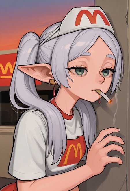r1f13style,  masterpiece, best quality, solo,                                                                         frieren, sousou no frieren, twintails, green eyes, mcdonalds attire cap, cigarette in mouth, depressed, eyes half closed, against a wall, sunset sky, outside,  mcdonalds background,