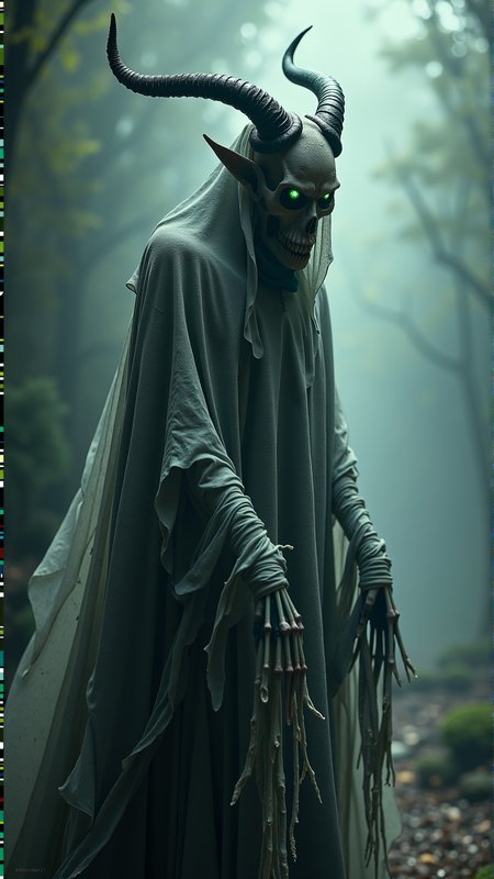 A professionally shot photography of a KrampusStyle A tall, gaunt figure with an ethereal, translucent quality, shrouded in tattered, wispy folds of dark gray fabric that seem to billow behind like a spectral cloak, its face a deathly pale, skeletal visage with sunken eyes that burn with an otherworldly, emerald green fire, the skin stretched taut over prominent cheekbones, forehead, and chin, giving the impression of a skull wrapped in decayed, papery skin, with spindly, elongated fingers that end in razor-sharp talons, and a presence that seems to draw the very light out of the surrounding atmosphere, leaving only an aura of cold, dark malevolence.. Dark, atmospheric and moody atmosphere. maw, haunted, wickedness
<lora:KrampusStyleFlux:__wildcards/numbers/07-09__>