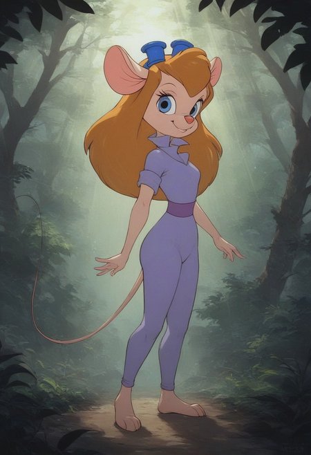 Score 9, Score_8_up, Score_7_up, source furry, (full body in frame:2.0), Gadget hackwrench, mouse girl, mouse, anthro mouse, in a magical forest, green trees, rays of sunshine,  3/4 side view, seductive look, looking at viewer,