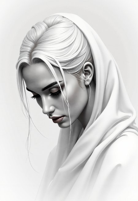 A close-up portrait in monochrome pencil and charcoal drawing of a woman with an almost ethereal beauty. She gazes thoughtfully with her head slightly bowed at the ground.

The composition uses soft and smooth transitions in white and gray tones achieved with pastel chalks.

Her face is narrow, with half-closed eyes, beautiful eyebrows, and eyelids drawn slightly darker. She has a straight nose and well-formed lips. Her long, flowing white hair cascades down her shoulders in soft waves. She is wearing a flowing, white cloak that drapes elegantly around her, partially covering her hair.

This transition between her hair and the cloak is painted with blurry, smooth, flowing lines, similar to the effect of a smudge tool. The drawing captures a serene and calming atmosphere, emphasizing the delicate and realistic details.