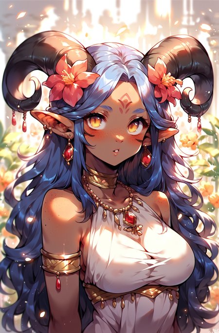 score_9,score_8_up,score_7_up,score_6_up,score_5_up,score_4_up source_explicit, 1girl,solo,long hair,breasts,looking at viewer,hair ornament,dress,bare shoulders,jewelry,blue hair,yellow eyes,upper body,purple hair,flower,earrings,parted lips,horns,pointy ears,artist name,hair flower,dark skin,dark-skinned female,facial mark,armlet,freckles,forehead mark <lora:ToraFurry_XL_PonyV6_p1-t1:0.8>, furry,