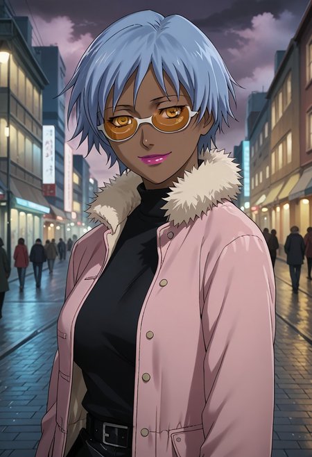 source_anime, D4RK3RTH4NBL4CK, DTB_Style, (XXX Rating), ((score_9)),score_8_up,score_7_up,score_6_up,score_5_up,score_4_up, retro_artstyle, anime style, 1woman, (dark-skinned_female:1.5), solo, solo focus, (april_(darker_than_black):1.3), (short hair), (blue hair), yellow eyes, sunglasses, pink lips, large breasts, (pink coat, winter_coat, fur_trim), Blush, Full-Faced Blush, (long_sleeves), (smile), red face, steam, looking at viewer, facing viewer, masterpiece, best quality, highres, best illumination, depth of field, Artist style:komori_takahiro, public indecency, urban, cloudy, night, cityscape background,  outdoors,