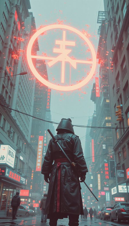 ultra realstic A lone tech-monk samurai, robes fused with smart-fabric and carbon-weave plating. He stands still in the middle of a digital storm, katana sheathed, as skyscrapers melt into glowing glyphs around him. <lora:Movie_Portrait:0.08> <lora:KB_Kentmere400_FLUX:0.05> <lora:Analog_Photo_Style:0.1> <lora:soaked_brand_pfeffi_KB_FLUX:0.04> <lora:Vintage_Neon_Film:0.15> <lora:Sword_Sakuraå£æ¡(Photographic_style):0.545> <lora:Neon_Punk-Flux:0.9>