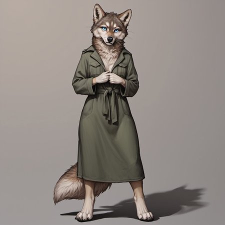 score_9, score_8_up, score_7_up, source_furry, detailed face, detailed eyes, incredible detail BREAK 1girl, solo, anthro, wide shot (furry female, wolf, light brown fur, monotone fur, light blue eyes,slightly wide hips, small breasts), black nose, whiskers, holding bow, wearing a hunter clothes, shy posee, ear flop, solo, looking at viewer, drop shadow, full body