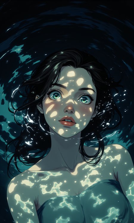 The image captures a hauntingly serene moment, where a woman is submerged in water, her face partially breaking the surface. The lighting is ethereal, with beams of sunlight filtering through the water, creating a mesmerizing interplay of light and shadow across her features. The overall atmosphere is both tranquil and mysterious, evoking a sense of otherworldliness. 
Her hair  is long and dark, wet and clinging to her head, framing her face like a veil of midnight. The strands are slicked back slightly, but some loose tendrils drift around her cheeks and forehead, adding movement and texture to the composition. The water clings to her hair, making it appear almost translucent in places, as though itâs alive with the rhythm of the liquid surrounding her. 
Her skin  is pale and smooth, glowing softly under the filtered sunlight. The light creates intricate patterns on her faceâdancing ripples of brightness that highlight her cheekbones, jawline, and the delicate curve of her neck. Her complexion has a luminous quality, as if she is made of moonlight itself, reflecting the subtle hues of the underwater environment. 
Her eyes  are striking, large and wide open, with a piercing blue-green hue that seems to shimmer with life. They convey a mix of curiosity, vulnerability, and quiet strength. Her gaze is direct, meeting the viewer head-on, as though she is aware of being observed yet unbothered by it. Her eyebrows are naturally arched, adding depth to her expression without appearing overly dramatic. 
Her expression  is calm but intense. Her lips are slightly parted, revealing just enough to suggest breath or thought, as though she is caught mid-moment of contemplation. Thereâs no smile, but neither is there sadnessâjust a quiet presence, as though she exists in perfect harmony with the water around her. 
The water itself plays a crucial role in the composition. It appears deep and still, with faint ripples distorting the light and creating a dreamlike quality. The sunlight streaming through the water casts dynamic patterns across her skin, shifting subtly as though the light is alive. These patterns create a sense of movement, even though she remains mostly still, giving the impression that she is floating effortlessly, suspended between worlds. 
Her posture  is relaxed, almost weightless. Her head tilts slightly upward, allowing the light to play across her face, while her shoulders and upper chest remain submerged. The water clings to her body, highlighting its contours without revealing too much detail, maintaining an air of mystery. 
The background is a deep, inky black, suggesting great depth beneath the surface. This darkness contrasts sharply with the bright, reflective quality of her face, drawing all attention to her. The overall mood is one of serenity and introspectionâa moment frozen in time, where she seems to exist in perfect balance with the natural world around her. 
This portrait feels like a glimpse into another realm, where human beauty merges seamlessly with the elements. It invites the viewer to linger, to explore the layers of emotion and meaning hidden within the interplay of light, water, and expression. 
j_art, j_anime, <lora:FLUX\OBdonman, anime0style portrait:0.15>, <lora:FLUX\jul\J_Anime:1.0>, <lora:FLUX\RealAnime:0.1>