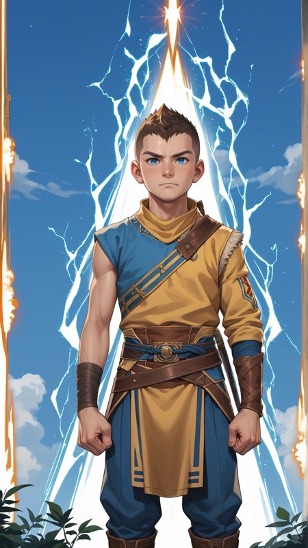 score_9, score_8_up, score_7_up, score_6_up, score_5_up, score_4_up, rating_safe, source_anime, anime style cartoon, source_cartoon, <lora:GoWRAtreusPDXL:1>GoWRAtreus, 12 y-o young boy, solo,  (Clenching fists with energy building up around them:1.5) in a electrified forest location.
Blue eyes and short brown buzzcut. GoWRAtreus is wearing a (yellow:0.5) tunic with leather details. Belts and straps crossing his body. (His waistcloth is red and blue:1.4). GoWRAtreus is wearing brown leather boots. His right arm is bare and has a tattoo. GoWRAtreus expression is Passionate, A heated look, a flushed face, and a quickened breath..