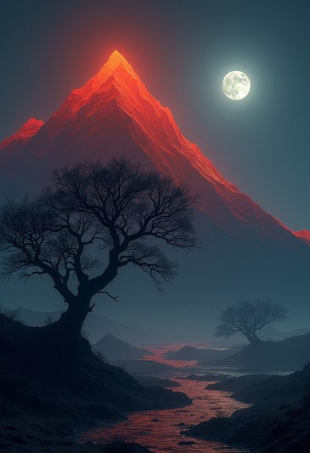 the image is a surreal landscape scene. The background is dominated by a large mountain, adorned with a red-orange hue that fades to dark orange and brown hues near the top. the top of the mountain is illuminated with red light, adding an eerie glow to the scene. in the foreground is a tree with gnarled branches reaching towards the sky, above is the night sky, the moon emitting a soft white light. Even though the action takes place at night, the colors and lighting give the scene a dreamy and ethereal feel.  8k. sharp focus, studio photo, intricate details, highly detailed,