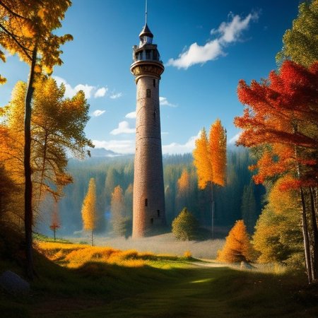 realistic analog photo, award winning photo, vary wide shot of stone witow tower:1.3, no humans, scenery, blue sky, auwo, in a autumn forest, dirt road, lush grassland, Wildflowers, nature, outdoors, RAW, highres, 8k, uhd, High Dynamic Range, tonemapping, crisp details,