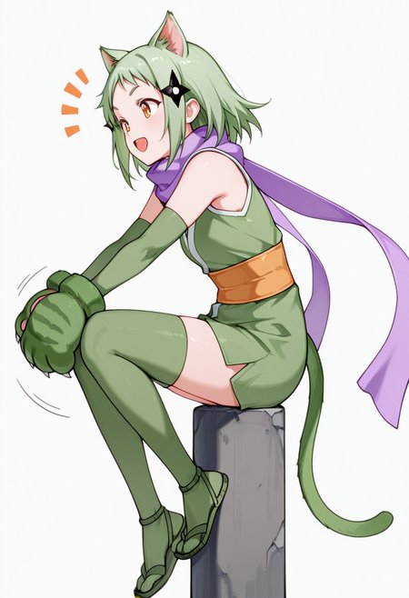 masterpiece,high quality details, absurdres, 
perched on edge of surface, legs swinging, hands gripping edge  ,
 <lora:Mao_Kusagakure:0.8>
mao_cnr, 1girl, green hair, short hair,orange eyes, cat ears,cat tail,hair ornament,
ninja, japanese clothes, kimono, sleeveless kimono,purple scarf,elbow gloves,green thighhighs, sandals,paw gloves,cat paws,, ^o^,, simple background, white background, from side,solo,