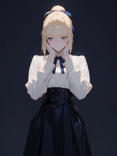 perfect quality,high quality,masterpiece,best quality,amazing quality,very aesthetic,absurdres,Cinematic Lighting,newest,
front view,full_shot,Raised brow with a questioning look,
saberCYQL,solo,1girl,blonde hair,hair bun,ahoge,bangs,hair between eyes,french braid,single hair bun,hair ribbon,blue eyes,shirt,white shirt,ribbon,blue ribbon,neck ribbon,collared shirt,long sleeves,skirt,blue skirt,high-waist skirt,
full body,standing,hands_on_own_face,,
powderblue background,simple background,
<lora:spo_sdxl_10ep_4k-data_lora_webui:0.5>,<lora:illustrious_all_rated_v1:0.6>,<lora:748cmSDXL:0.8>,748cmstyle,<lora:DarkerThanBlackIllustrious:0.5>,<lora:EtherSDXL:0.5>,EtherStyle,,<lora:lora-000008.by_tusi:1>,