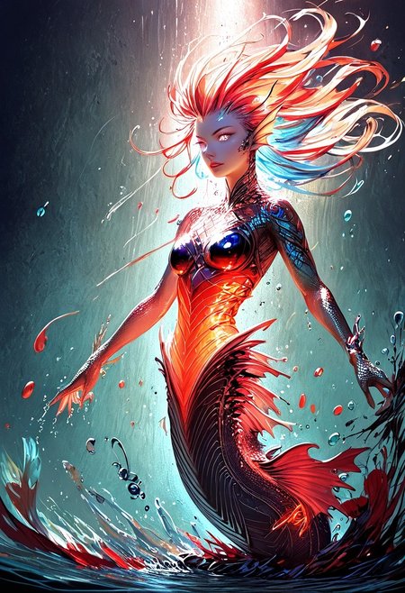 (score_9, score_8_up), score_7_up, zPDXL, solo, <lora:MythAnim3Style:0.8>, MythAn1m3,  source_anime, 1girl, mermaid, dark mysterious backgroud, Iridescent eyes, aquatic scene, dreamlike atmosphere, mystical, ethereal light, detailed textures, whimsical, rippling, dripping, water element, very long cascading hair, water, very beautiful, sexy, sexy body, beautiful body, scales, wet body, Iridescent scales, bubbles, water drops, Iridescent skin, multi colored eyes, partially underwater shot, watce, bioluminescent skin, bioluminescent, glowing, bioluminescent scales, bioluminescent hair,  FastNegativeV2, laser light clothes, submerged breast, water line on lense, view from under water, light hair