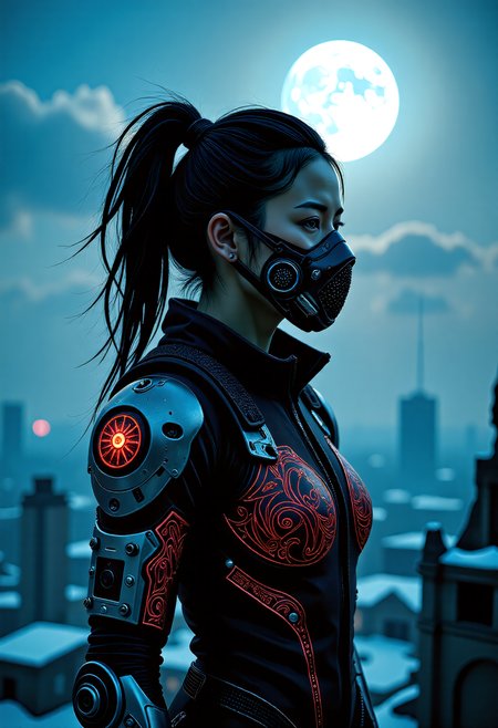 Photograph of ym ym, In a ravaged post-apocalyptic, snow-shrouded cityscape at night with a large harvest moon, a lone figure stands atop a ruined skyscraper, gazing out at the desolate expanse. The soft glow of the moon casts an ethereal light upon the scene, the sharp features of a determined Chinese assassin. Her midnight-black stealth nanotech exoskeleton, adorned with intricate, crimson engraving that shimmers in the moon's light. The wind whispers secrets in her ear, carrying the whispers of a long-forgotten world. Her titanium mechanical_arms, grafted seamlessly onto her frame, abutting her exoskeleton. The ruins of a once-great civilization stretch before her, a testament to the unyielding ferocity of a world gone mad. A futuristic rebreather mask, etched with the markings of a bygone era, covers the lower half of her face, casting an air of mystery over her already enigmatic presence. Her raven-black hair, infused with minute, metallic strands that shimmer like stars, is blown back by the wind, framing her resolute expression. This stealthy assassin embodies the indomitable spirit of a Vikingpunk warrior.   <lora:flux/The beauty of realism (FLUX)>, Beauty, realism, chiaroscuro, cinematic quality, rays of light, play of shadow and light, <lora:flux/aeshteticv3_000006000:0.8>, aesthetic_pose, dynamic_pose, <lora:peeps/YM_Flux_1.safetensors:1.0>,  <lora:flux/Sinfully_Stylish_.02_for_FLUX-000002.safetensors:1.0>,