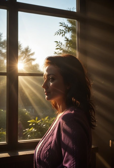 score_9, score_8_up, score_7_up, masterpiece, ultra detailed, best quality, 1 woman,close up portrait, mature woman, standing in front of window, light coming through window, silhouette, dynamic lighting, view from side,
expressive face, expressive body, expressive emotions, dynamic pose, intense gaze, lively eyes, detailed facial expression, engaging presence.
 detailed skin, perfect quality, hyper quality, perfect shadows,dark hair, purple cardigan, lot of shadows, perfect lighting, ultra realistic reflections, hyper realistic, ultra realism, 8k, masterpiece,
