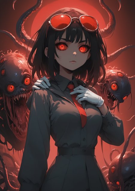 Score_9, score_8_up, score_7_up, score_6
(source_cartoon:1, source_anime:1, cartoon, vibrant, bright colors, digital art)
abby \(za1f0n\), 1girl, black hair, breasts, collared shirt, colored sclera, eldritch abomination, extra eyes, eyewear on head, gloves, hand on another's shoulder, hood, long sleeves, medium breasts, meme, monster girl, red-tinted eyewear, red eyes, red sclera, shirt, simple background, skirt, suit, sunglasses, tinted eyewear, too many eyes, valentine, white gloves
<lora:Eldritch_Universe_Style Pony:1.8> <lora:Black_Magic_Steering:0.8> Source_Anime  <lora:Anime Summer Days 2 Style SDXL_LoRA_Pony Diffusion V6 XL:0.8>