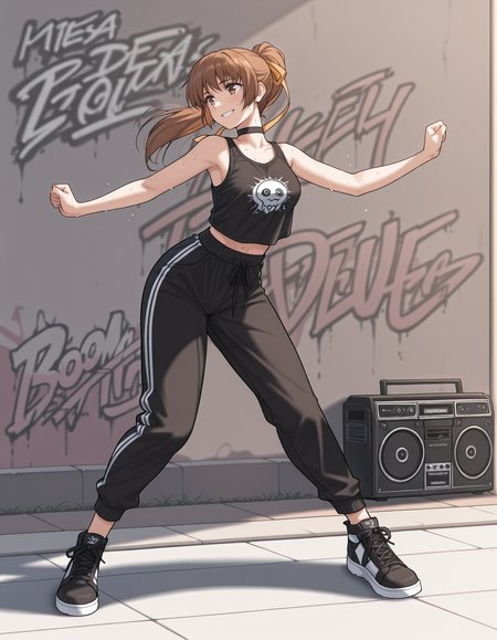 <lora:kasumi-illustrious-000010:1> kasfg, streetwear, ponytail,
1girl, solo, smile, dancing, graffiti, boombox, sidewalk, sweat
masterpiece, best quality, masterpiece, best quality