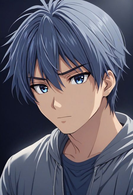 high resolution, solo, best quality, 1Boy, Tomoya Okazaki, Grey Blue Hair, cool, Mysterious black background, Movie lighting, a sense of atmosphere, OverallDetail