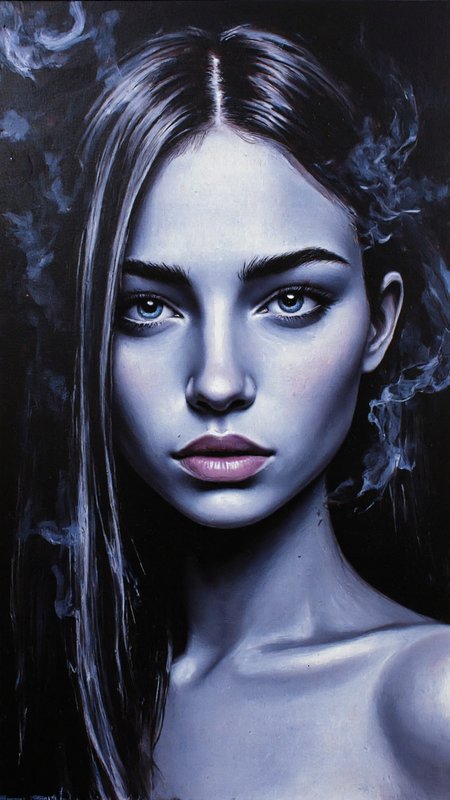 painting in a dark, moody style. The subject is a close-up portrait of a young woman with light skin and long, straight, dark hair. Her face is partially obscured by a dark, smoky haze that gives her an ethereal, almost ghostly appearance. The woman's eyes, which are large and expressive, are the focal point of the image. They are a striking blue color, contrasting starkly with the dark surroundings. The skin of her face and neck is painted with a subtle gradient of blue and purple hues, giving it a cold, almost otherworldly glow. Her lips are slightly parted, as if she is about to speak, and her expression is enigmatic and slightly sad. The background is completely black, drawing the viewer's attention solely to the woman's face. The painting's texture is smooth, with soft, blended brushstrokes that create a sense of depth and realism. The overall mood of the piece is haunting and mysterious, evoking a sense of melancholy and introspection.,aidmaimageupgrader, aidmaMJ6.1 <lora:aidmaMJ6.1-FLUX-v0.5:0.7> <lora:aidmaImageUprader-FLUX-v0.3:0.4>