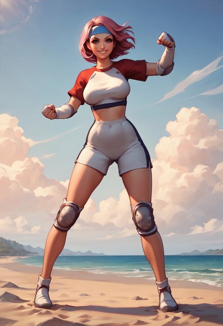 (score_9, score_8_up, score_7_up, source_windjammers 2, source_anime ,imagined a girl in extreme sport outfit playing to a flying disc game in a beach arena game sport, masterpiece, ultra-detailed, 80's anime (style), 2D, megapixel, perfectionism, full HD , 4K,animated painting, (smile:1.6),  (standing:1.3), (contrapposto;1.3), (fighting pose:1.7), (good finger:1.2), (five fingers:1.2), (perfect anatomy:1.5), (Beautiful girl:1.4), ((ultra detailedtanned)), ((extremely detailed CG)), skin, authentic skin texture, gradient eyes, ((beautiful detailed eyes)), faint lips, ((Premier Quality)), (Ultra High Definition), ((perfect anatomy)), (solo), BREAK, (windjammers), windjammers sport game, windjammers 2 (((((solo mature anime woman,)))))++++++++++++++++++, looking at viewer, full body, brown hair and pink hair, short hair, weird hair, smile, lips, eyelashes, medium breasts, gym uniform, uniform, gym shorts, headband, sports bra, elbow pad, knee pad, extreme sports outfit 80's theme, beach background, playing flying disc game on a beach court game, sea, sun in the sky, sports wear, jsrgum, white gloves, break,
score_6_up, score_7_up, score_8_up, score_9,  best quality, high quality, score_7_up, score_8_up, score_9_up,