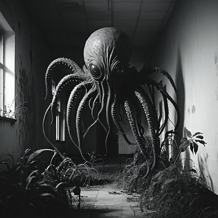horrorcctvlora, abandoned school, horror (theme), monster, tentacles, monochrome, hiding behind plant