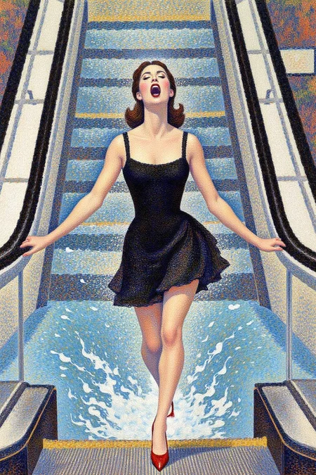 geoseu1 pointillist painting.
 a woman in a chic little black dress and vibrant red high heels, gracefully descending an escalator. She wears black lipstick and is screaming. Her attire exudes elegance and sophistication, with the red heels providing a bold pop of color against the classic black dress. The escalator itself, typically found in a mall or airport, leads downwards into an unexpected and dreamlike destinationâ -- pool of rippling water. The water is blue and ripples as the escalator's steps disappear beneath the surface. The woman's posture is poised and confident, as she seems unperturbed by the unusual surroundings. The overall atmosphere is a blend of high fashion and surreal fantasy, capturing a moment that is both elegant and otherworldly,  <lora:geoseu1_cap_d6a3e12:1.0><lora:821036844918604585:0>