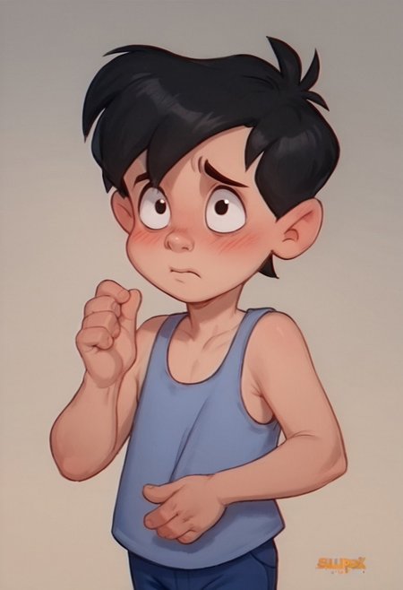 score_9, score_8_up, score_7_up, score_6_up, 1boy, solo, male, Neddiehugson, 1boy, solo,  black hair, short hair, black eyes, thin body, thin face, short stature, cute boy, blushing, shy, tank top, shorts, barefoot